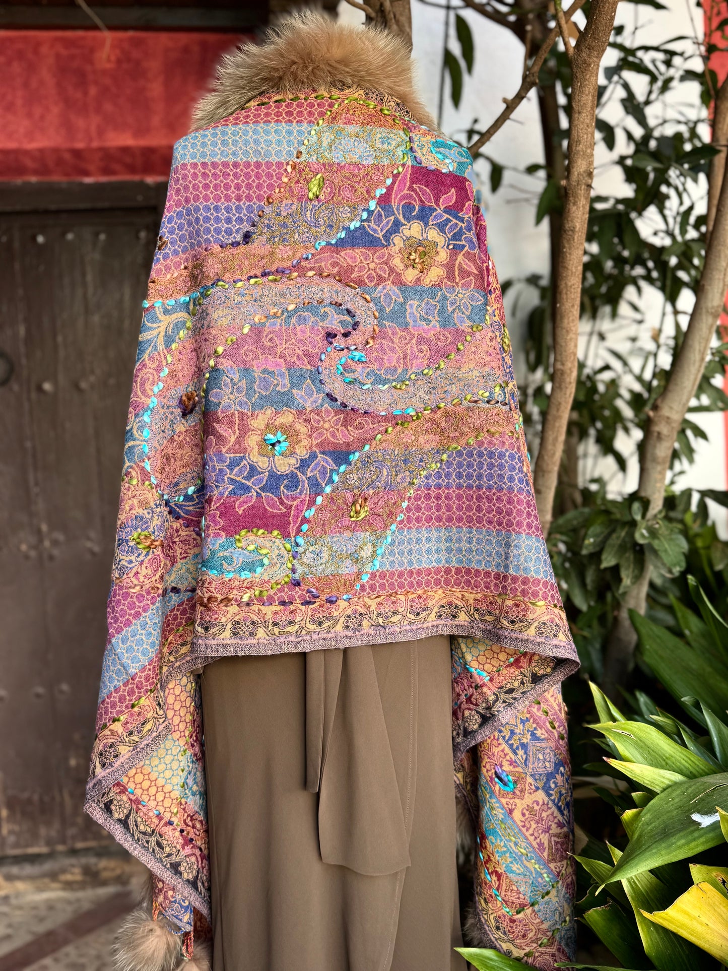 Embroidered wool pashmina cape