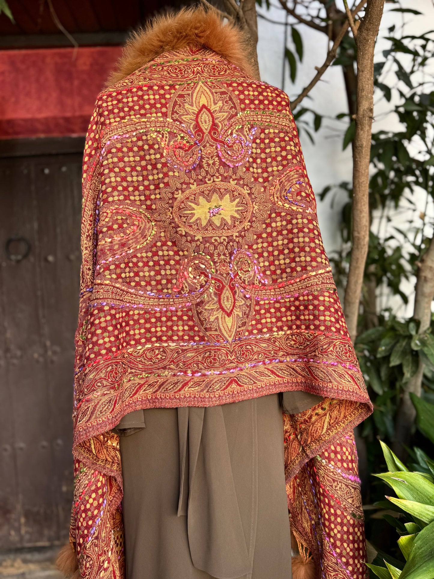 Embroidered wool pashmina cape