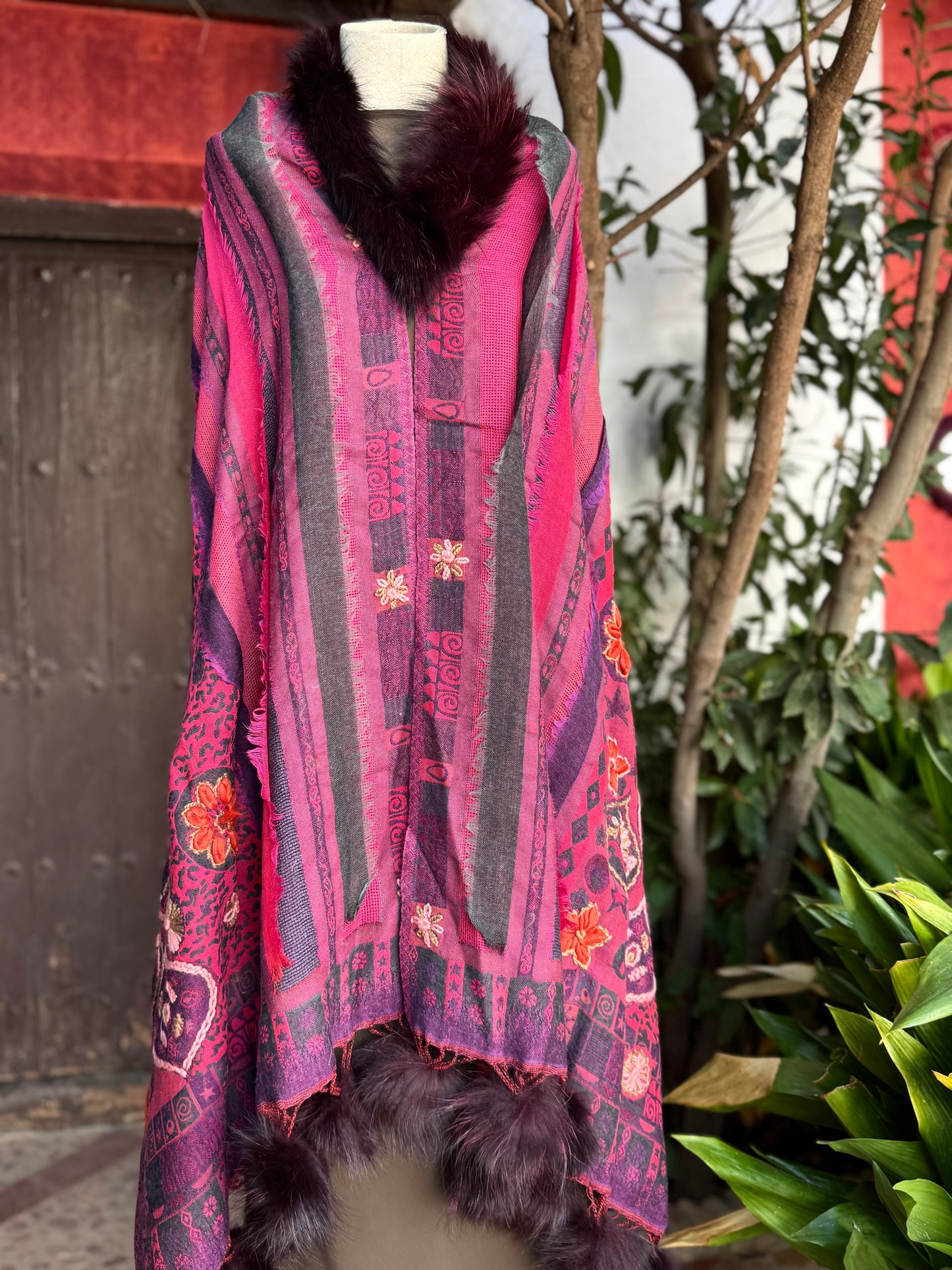 Embroidered wool pashmina cape