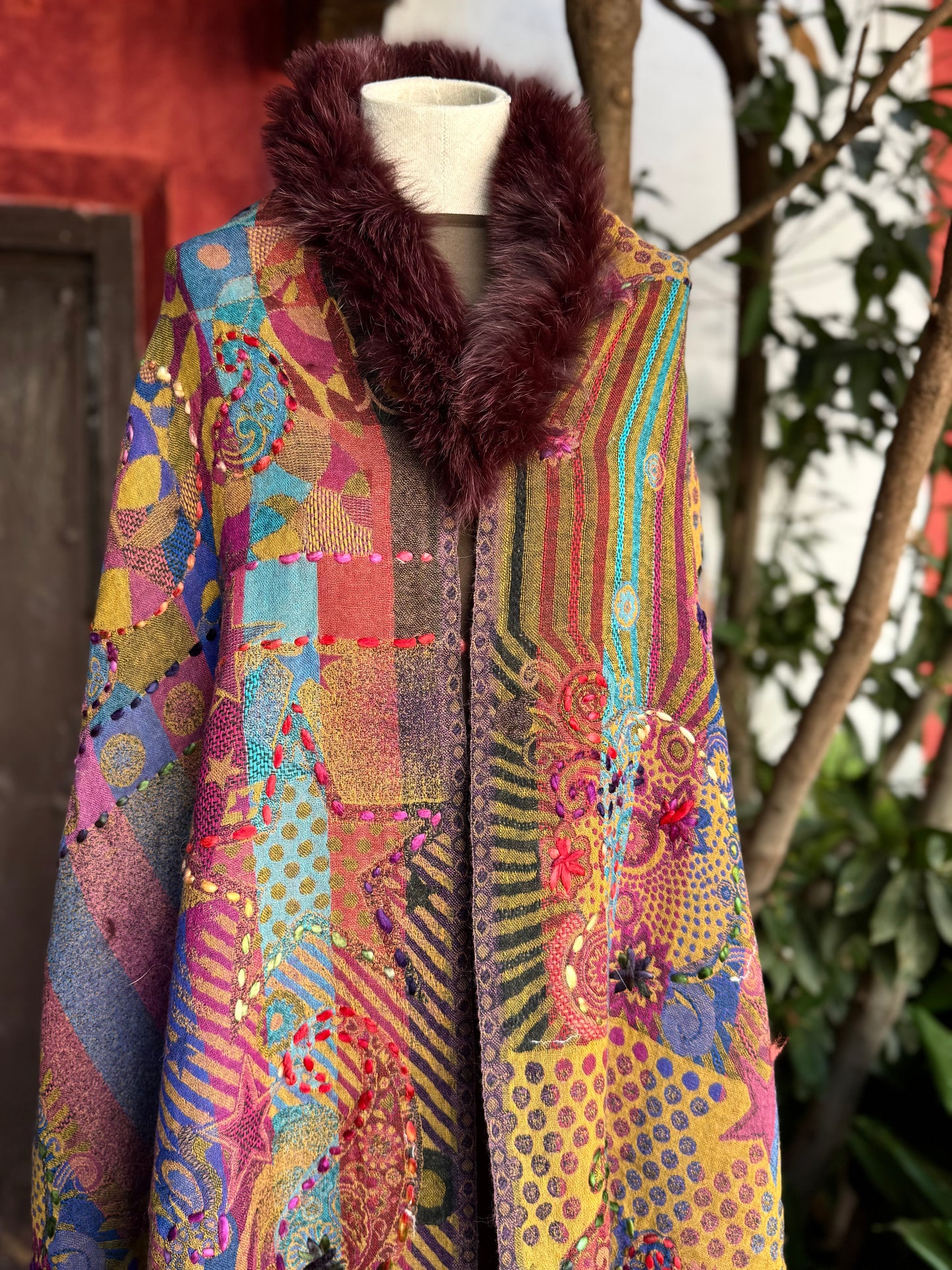 Embroidered wool pashmina cape