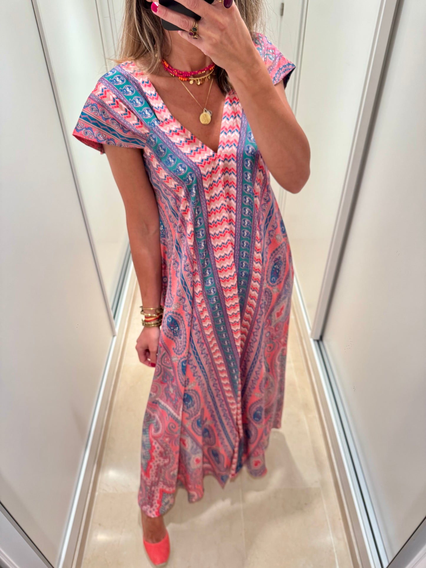 Vestido anchito cachemir rosa y verde