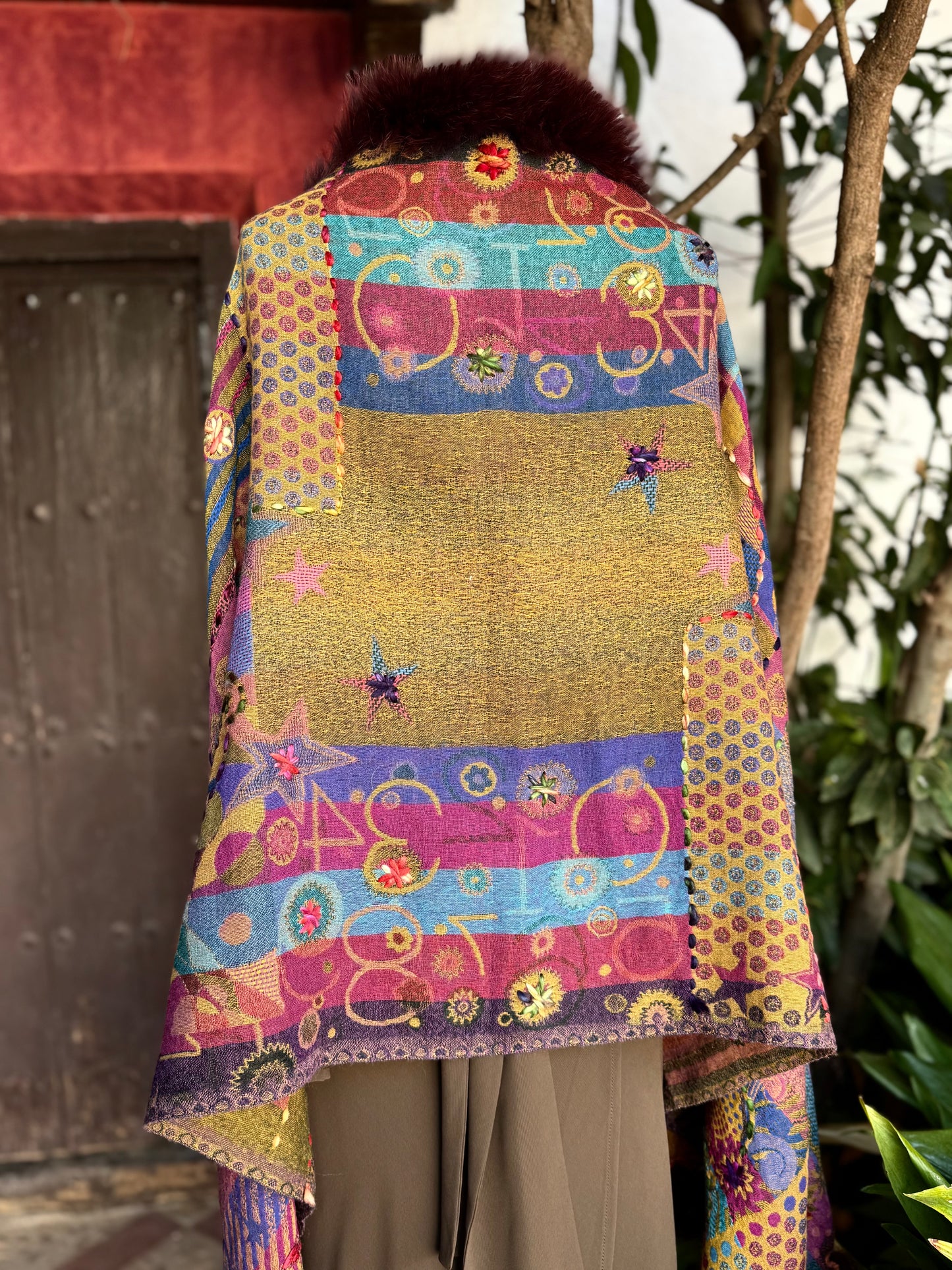 Embroidered wool pashmina cape