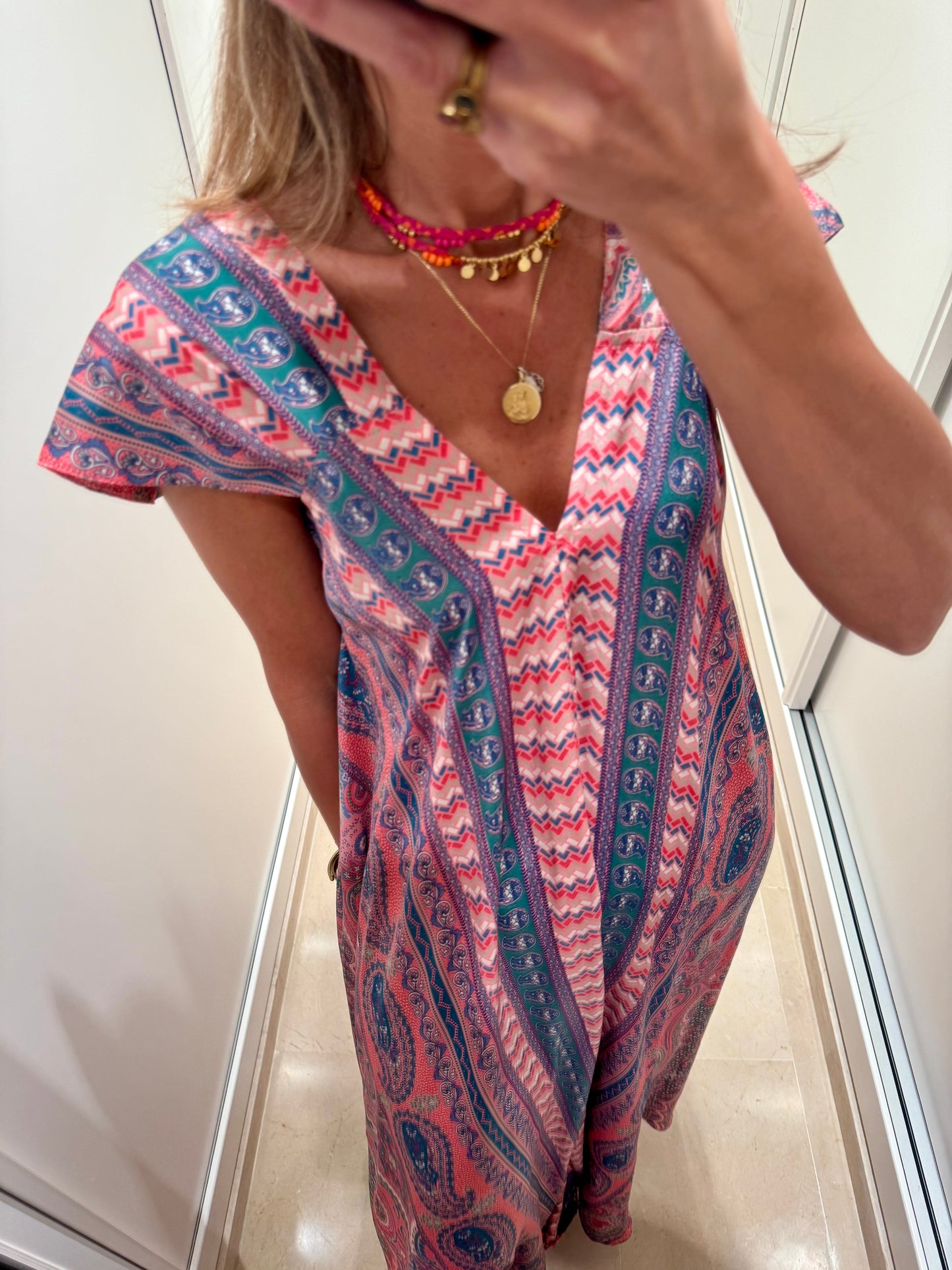 Vestido anchito cachemir rosa y verde