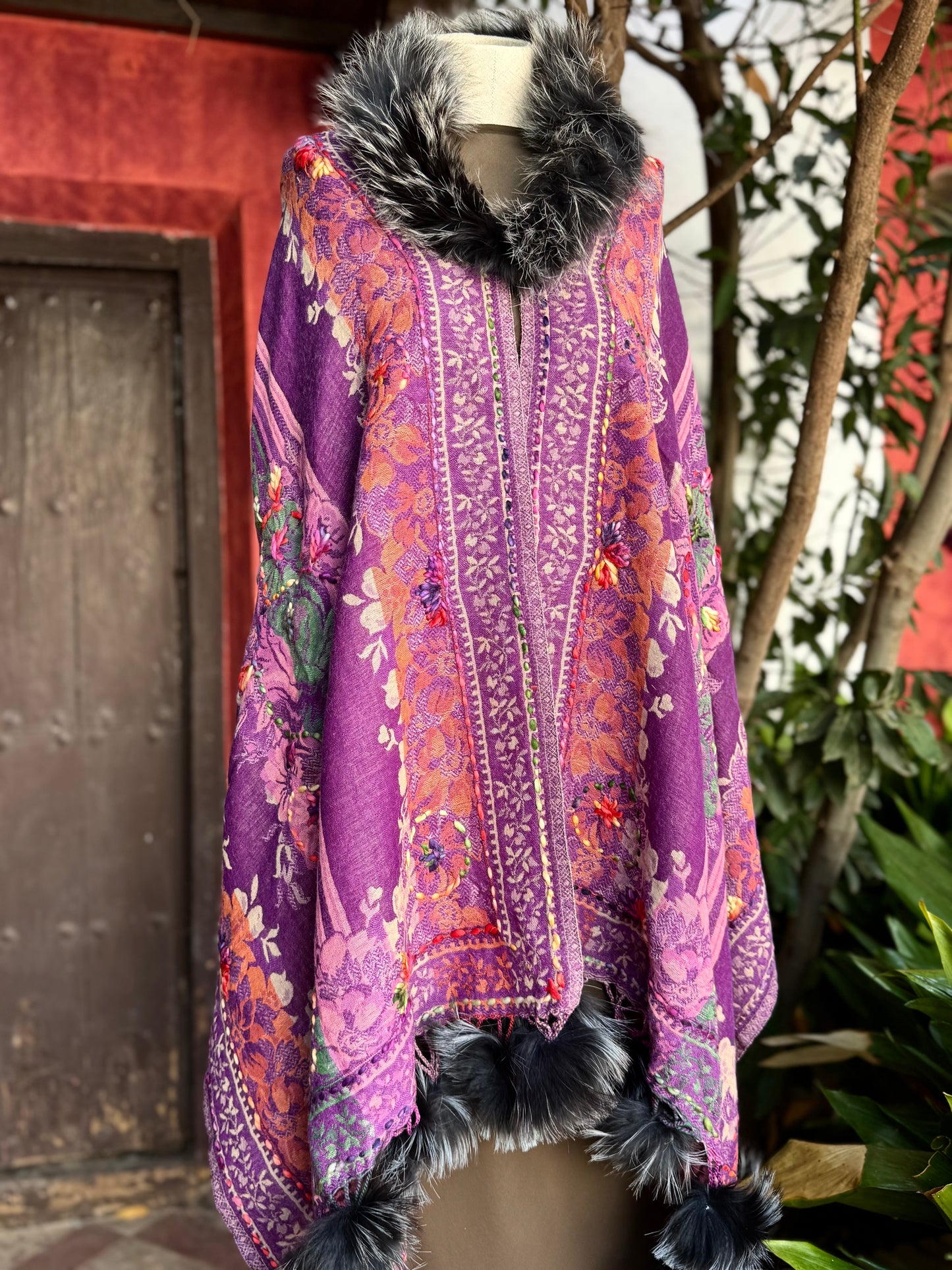 Embroidered wool pashmina cape