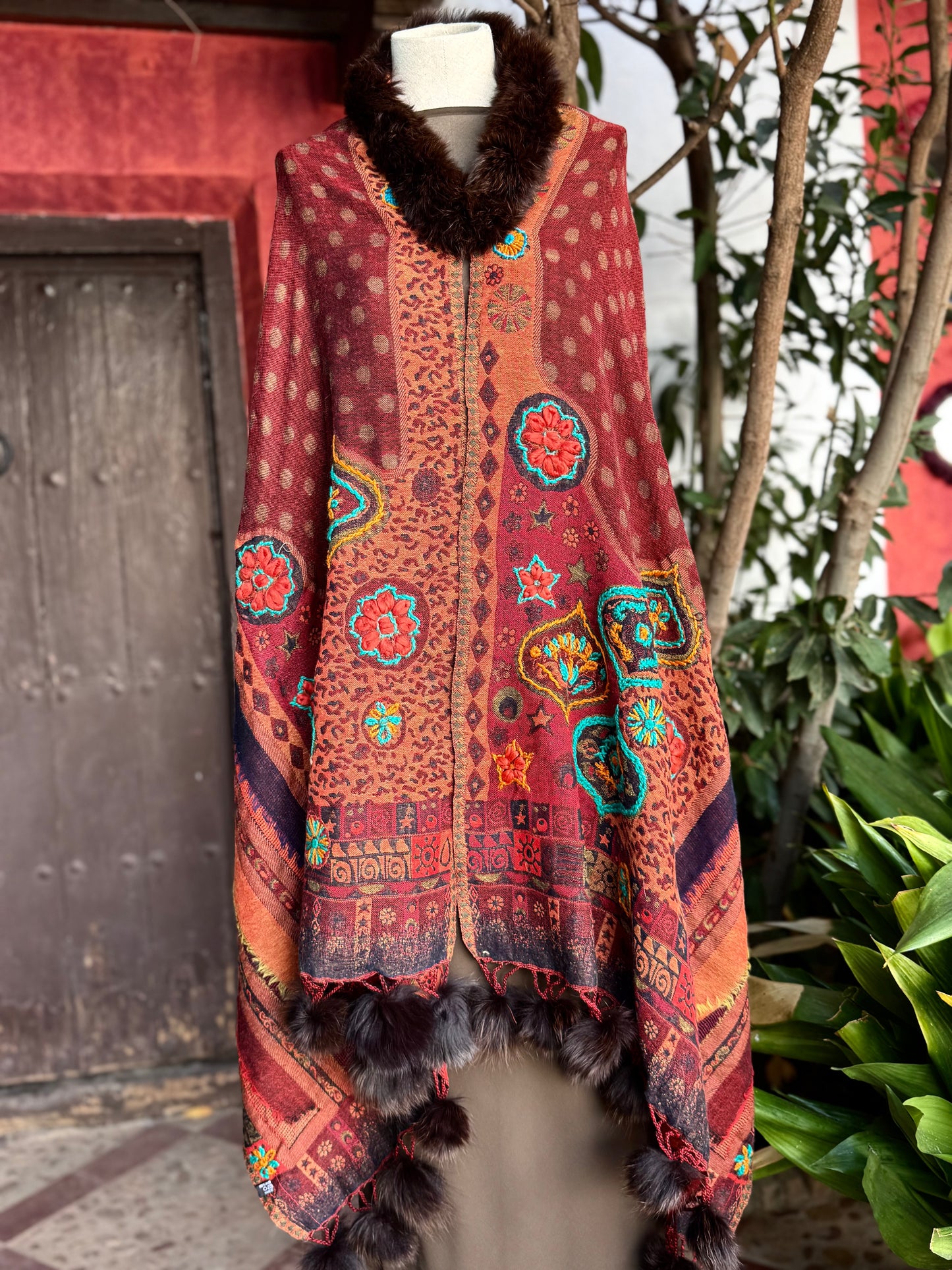 Embroidered wool pashmina cape