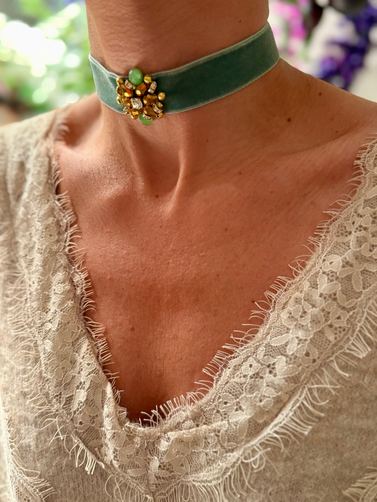 Choker terciopelo verde agua