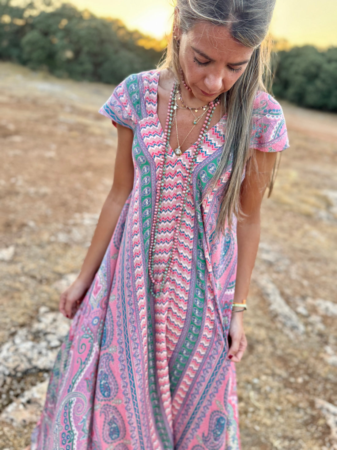 Vestido anchito cachemir rosa y verde