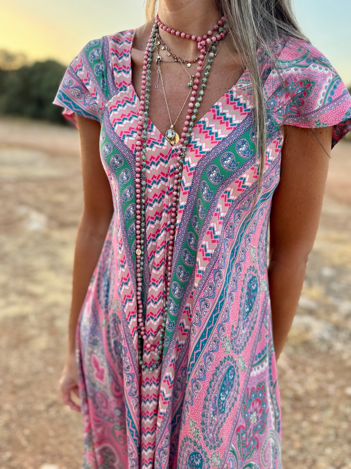 Vestido anchito cachemir rosa y verde