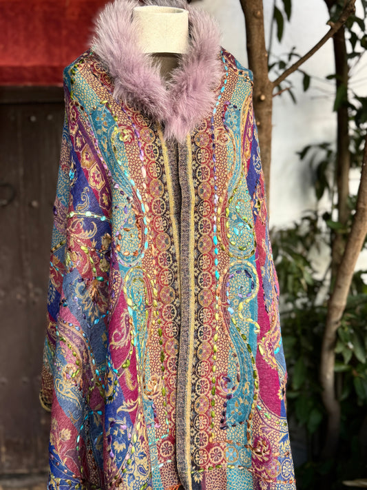 Embroidered wool pashmina cape