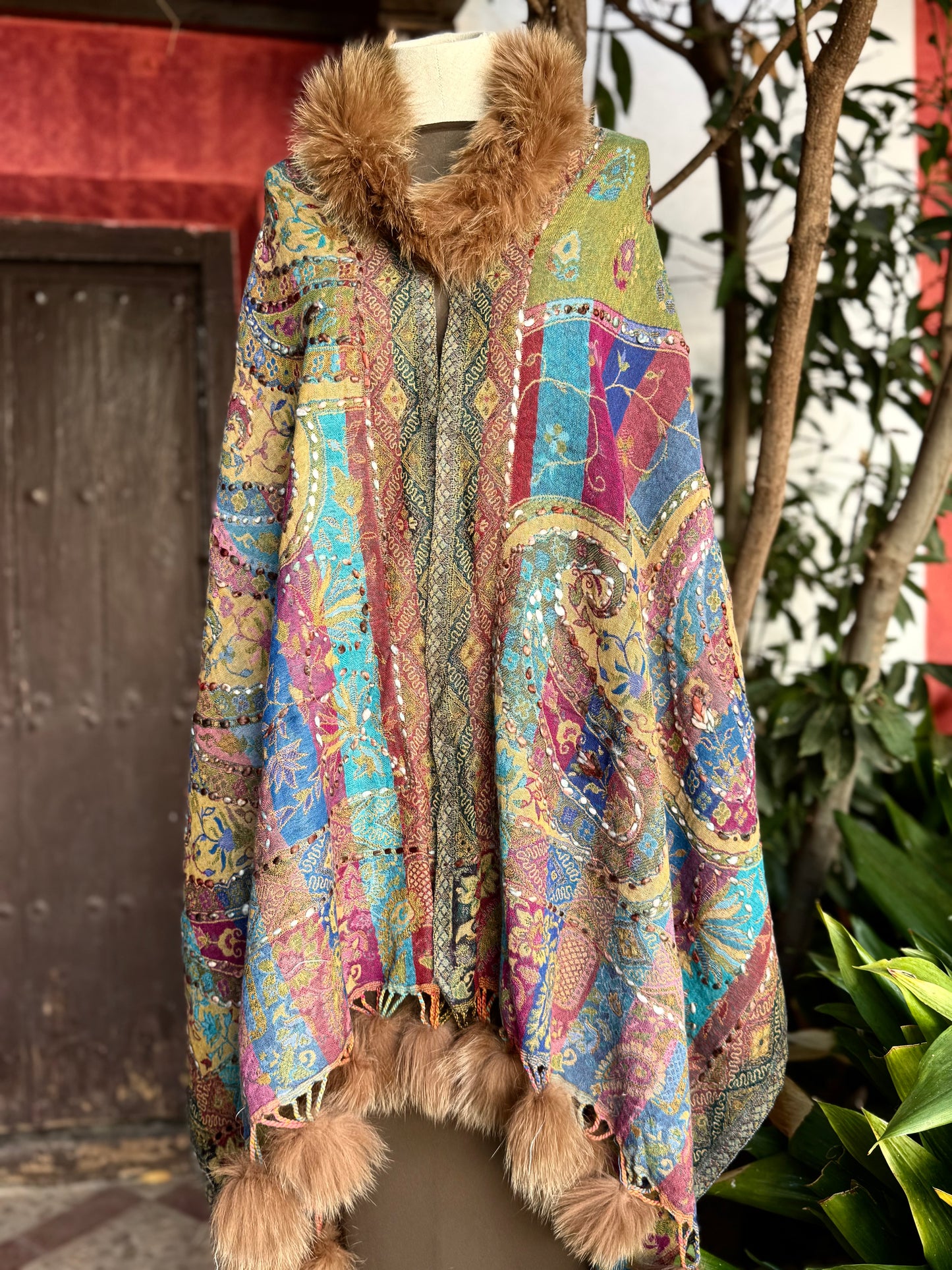 Embroidered wool pashmina cape