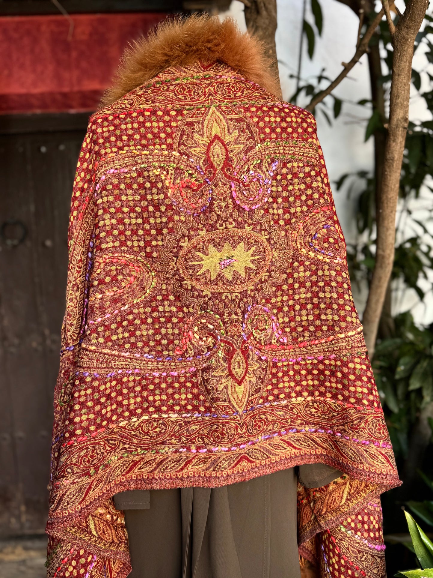 Embroidered wool pashmina cape