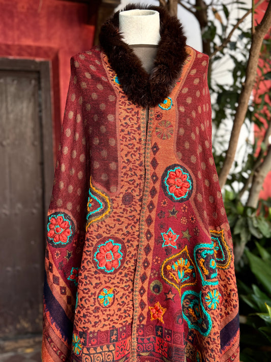 Embroidered wool pashmina cape