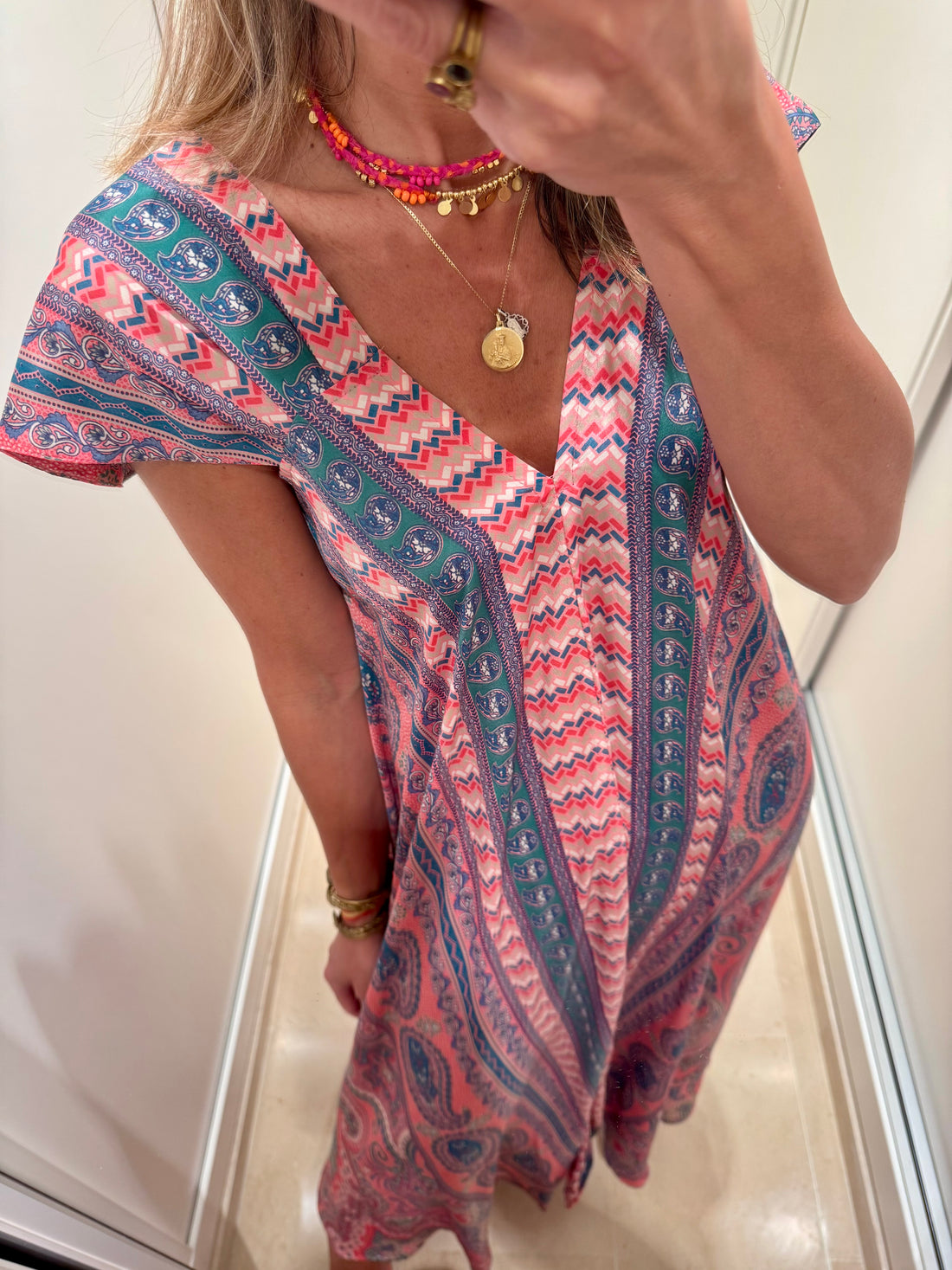 Vestido anchito cachemir rosa y verde