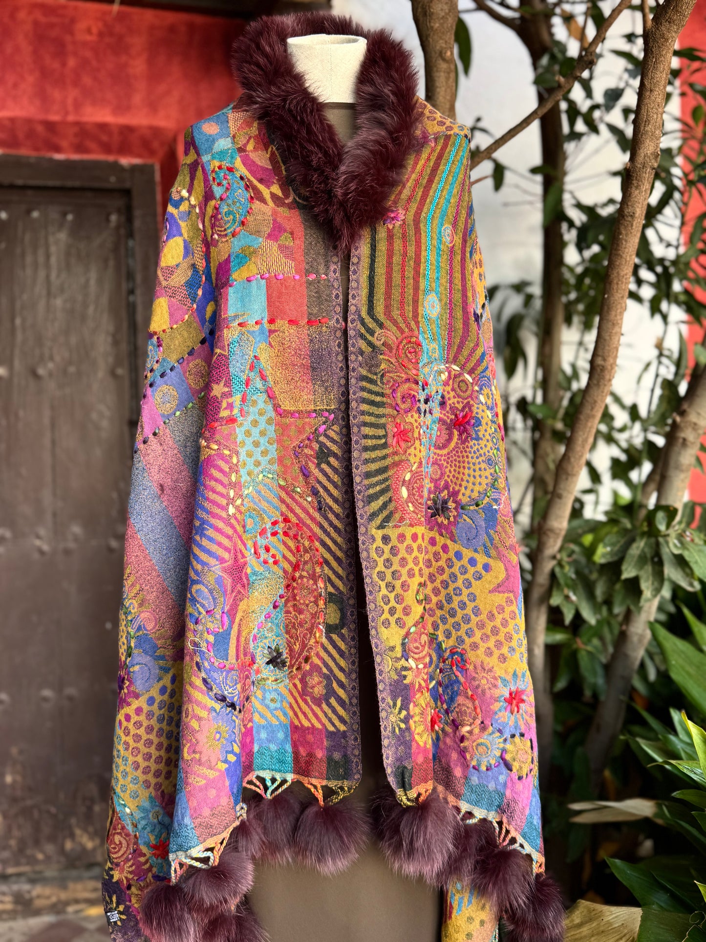Embroidered wool pashmina cape
