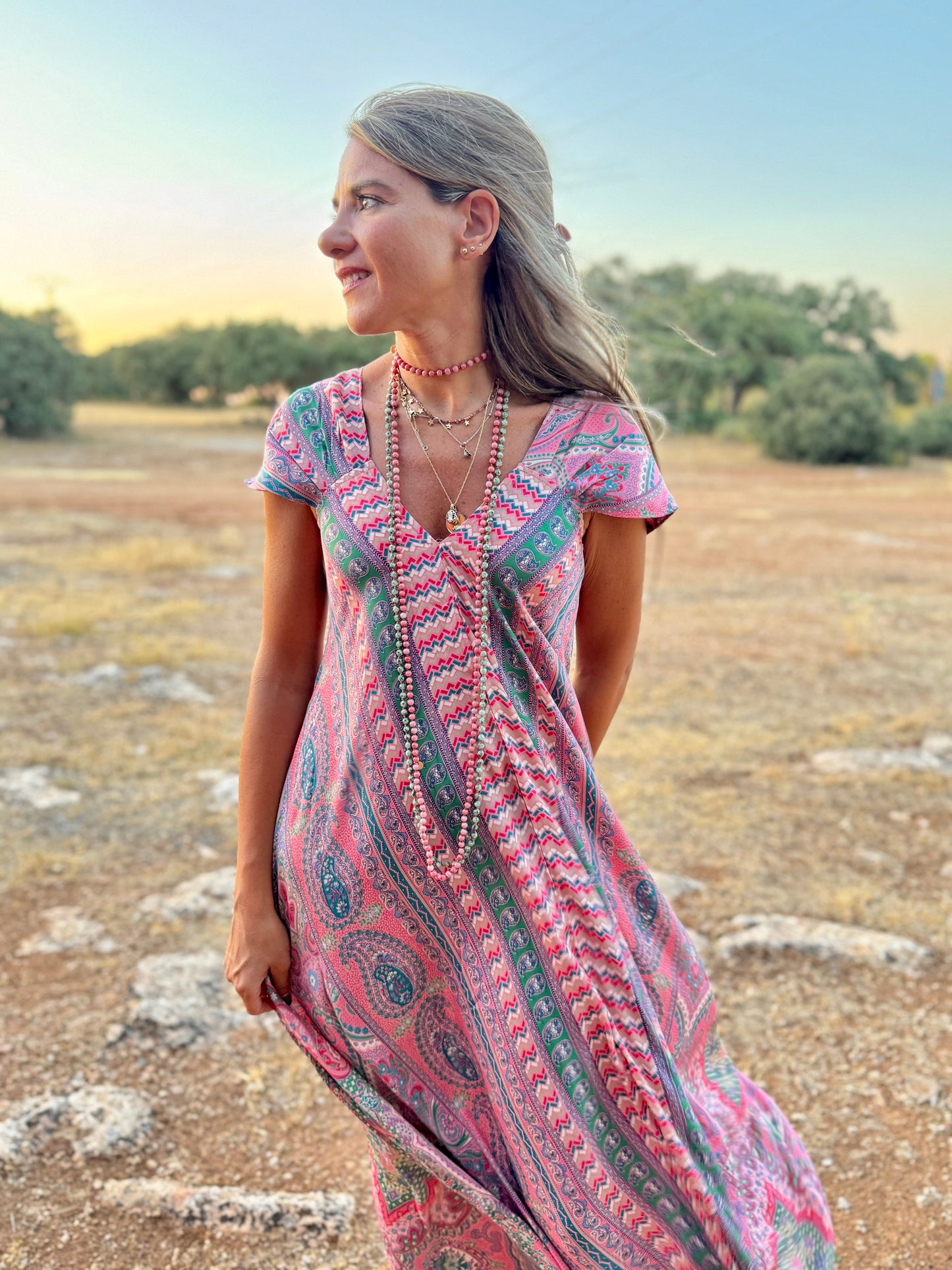 Vestido anchito cachemir rosa y verde