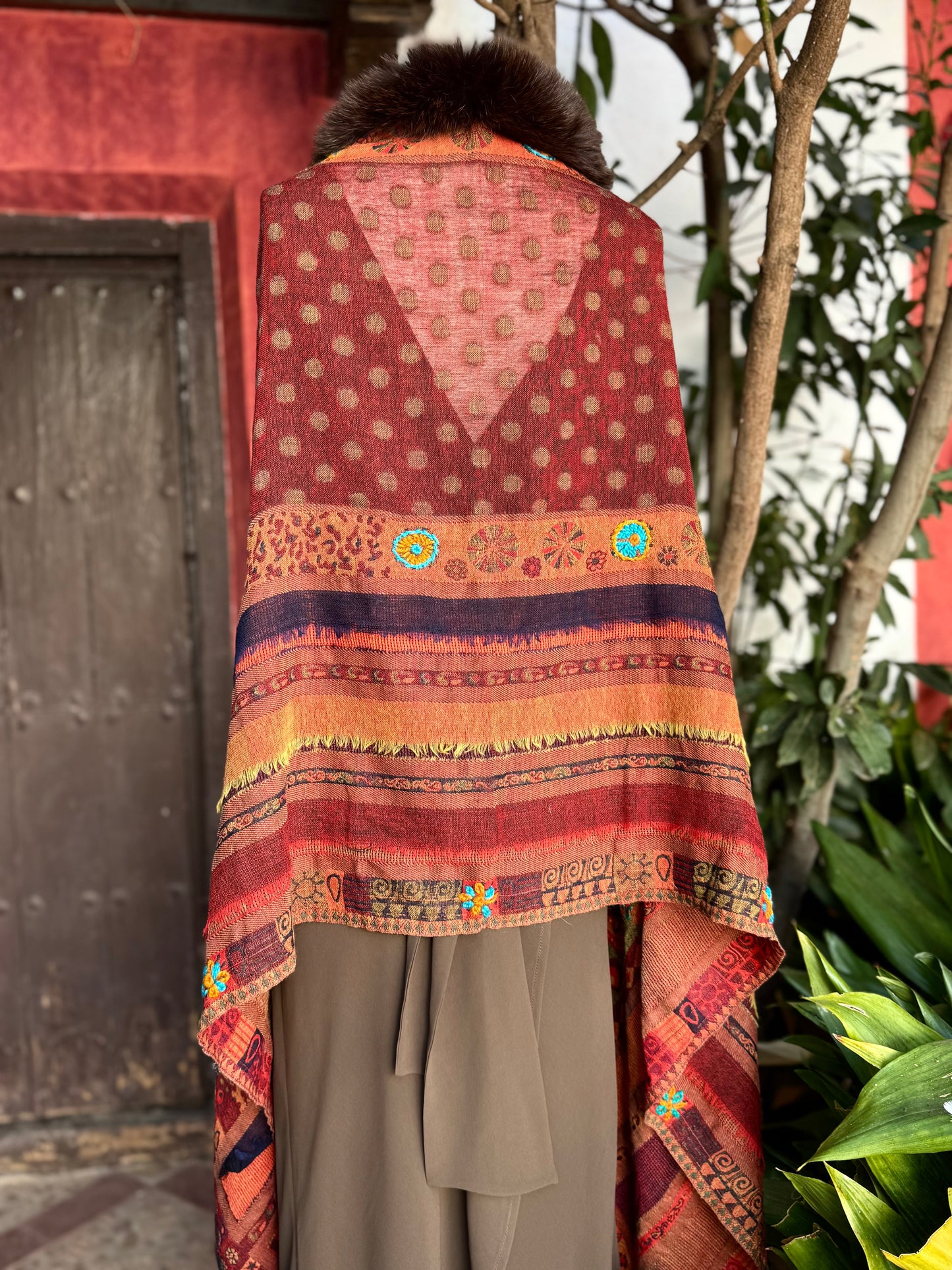 Embroidered wool pashmina cape