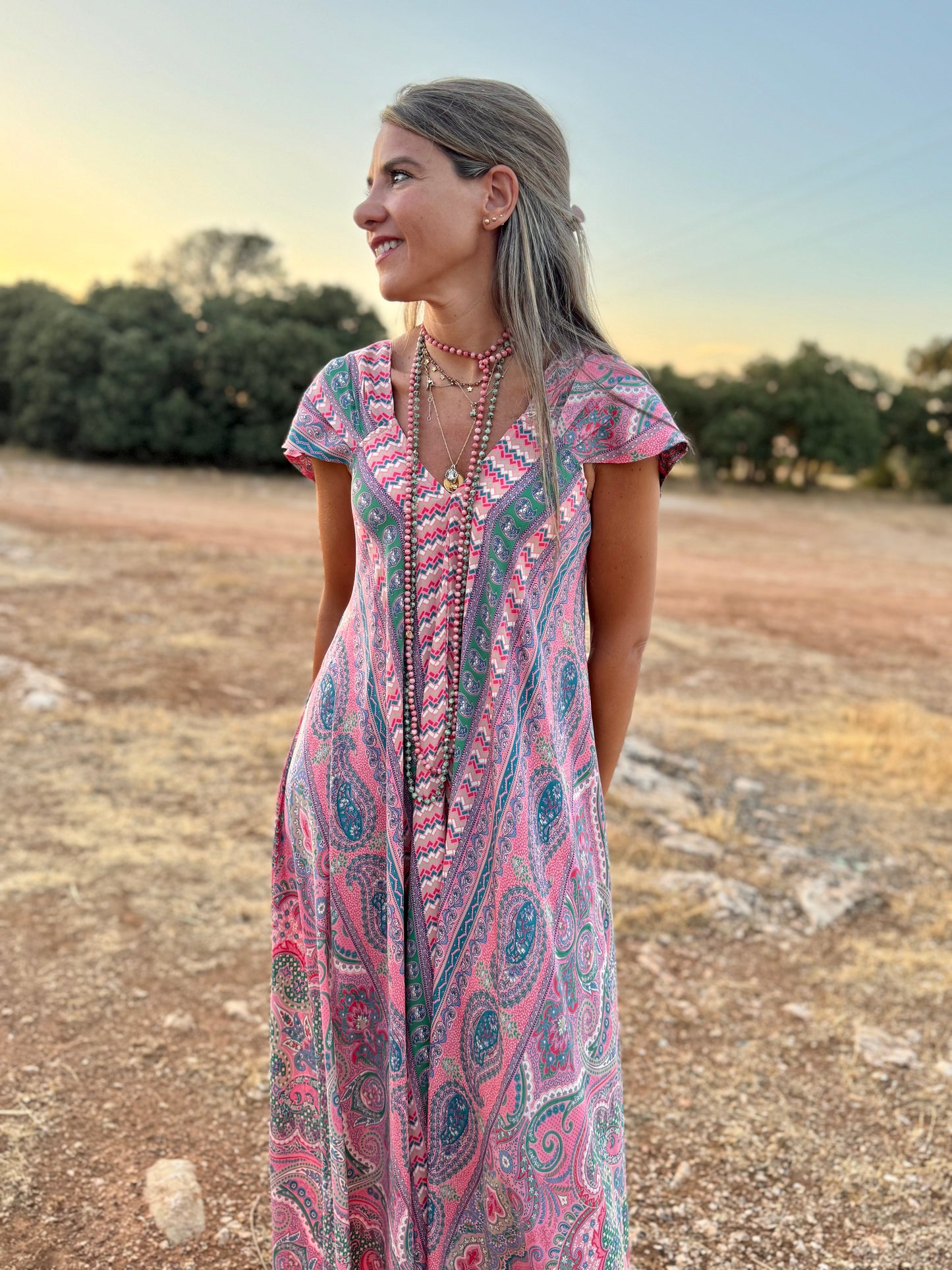Vestido anchito cachemir rosa y verde