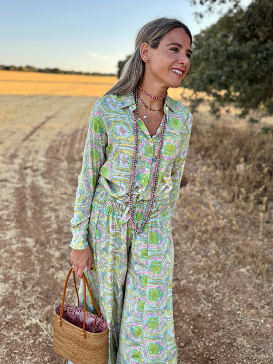 Conjunto pantalón geométrico lima y rosa