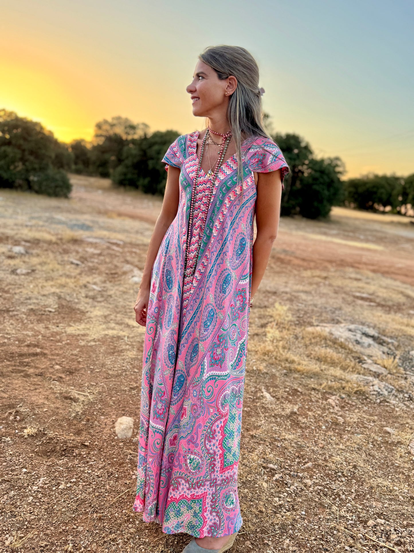 Vestido anchito cachemir rosa y verde